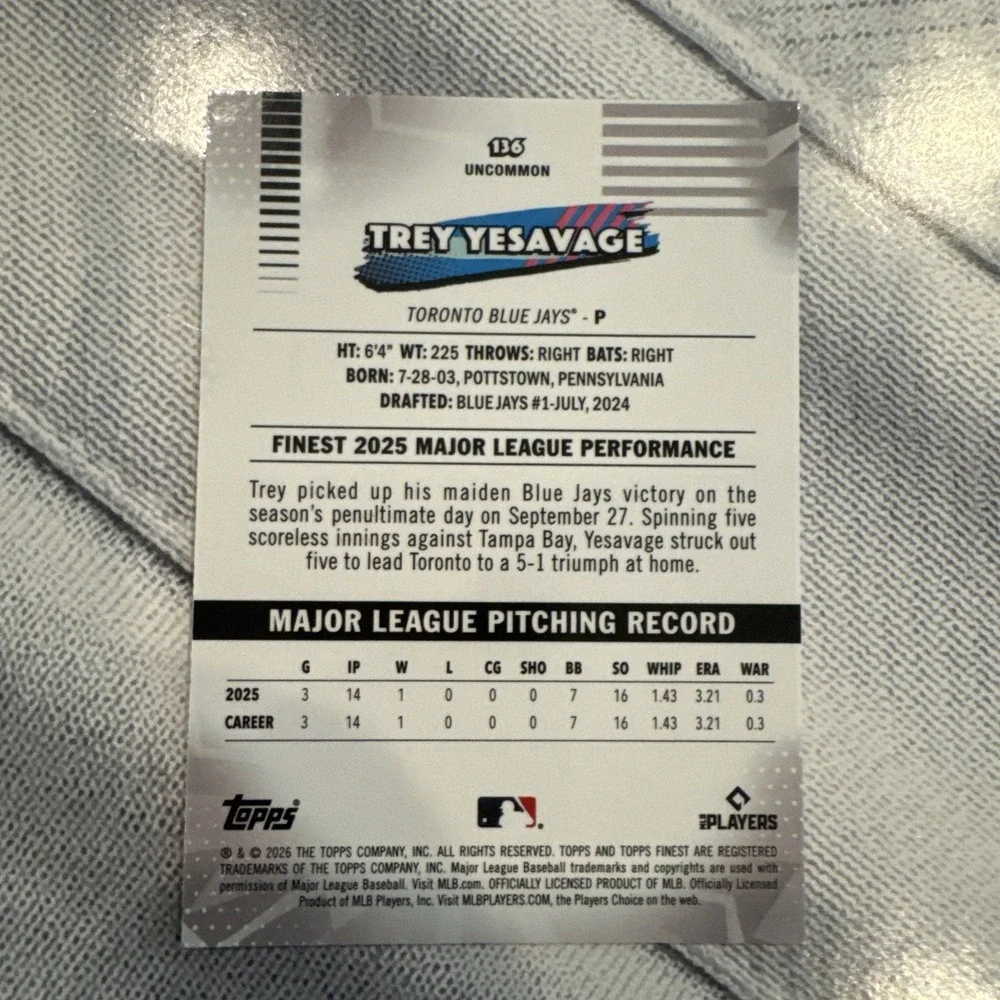 2026 Topps Finest Trey Yesavage RC #136 Mini Diamond Uncommon SP Blue Jays